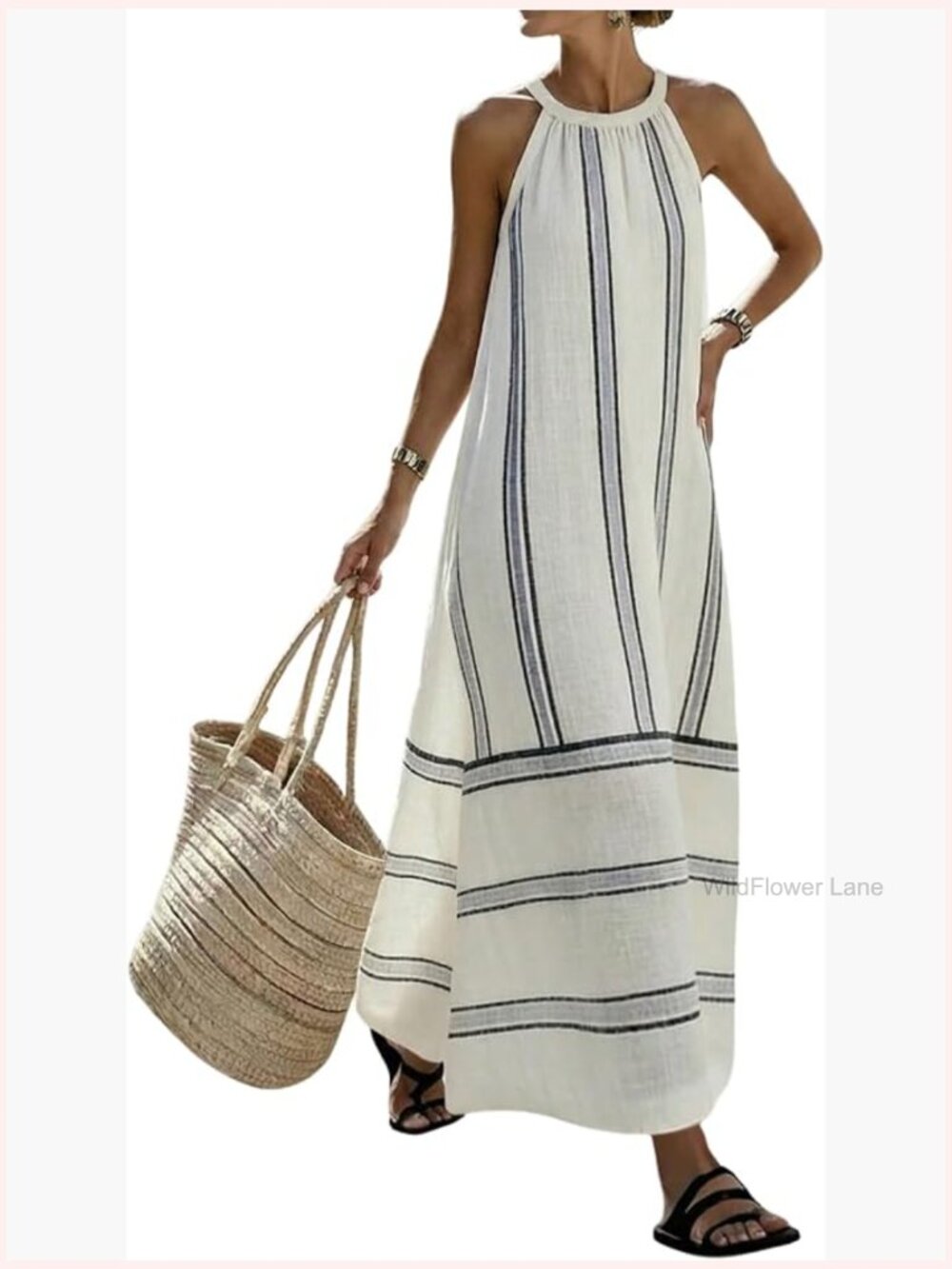 Striped Halter Maxi Dress Sleeveless A-Line Flowy Summer Casual Long Sundress - Picture 1 of 6